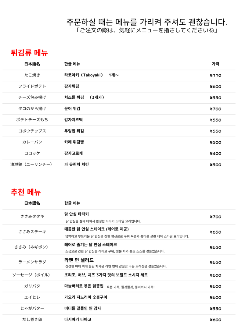 韓国語メニュー２